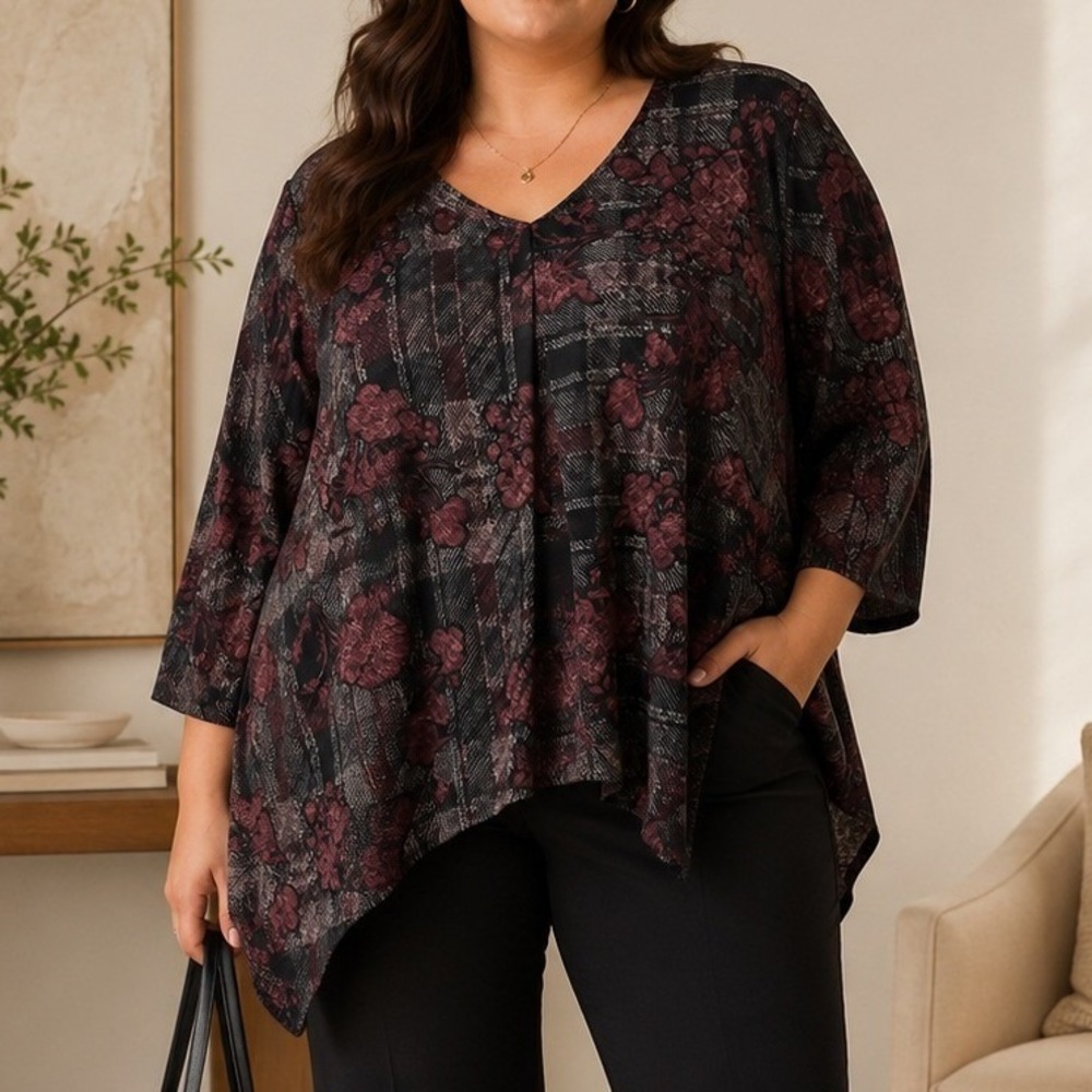 ALYX Tunic Top Burgundy Black Floral Plaid Sharkbite Hem V-Neck Dark Romance 2X